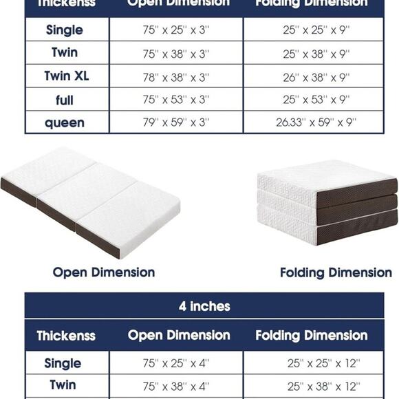 3 Inch Tri Folding Mattress Full Size Storage Bag, Foldable Memory Foam Guest - Picture 7 of 7